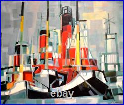 Tableau huile bateaux bord de mer cubiste coloriste signé XXe