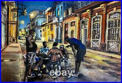 Tableau huile sur toile La Havane 2 2020. Scène de rue les joueurs d'échecs