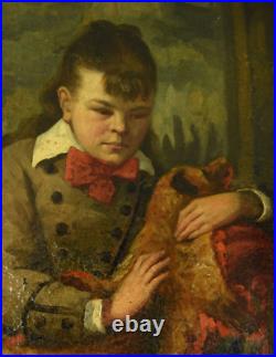 Tableau huile sur toile XIX e Portrait l'enfant au chien