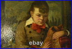 Tableau huile sur toile XIX e Portrait l'enfant au chien