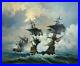 Tableau huile sur toile marine scène de bataille Navires canons signé XXème