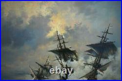 Tableau huile sur toile marine scène de bataille Navires canons signé XXème