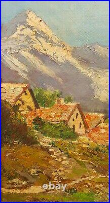 Tableau huile sur toile, paysage montagnes et chalets, R. COFFINET
