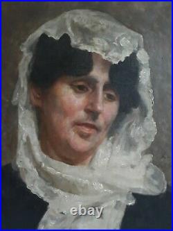 Tableau huile sur toile portrait de femme au foulard 1913 début 20ème