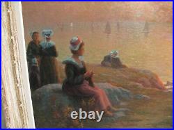 Tableau huile sur toile signé Alfred Marzin l'attente des pêcheurs en Bretagne