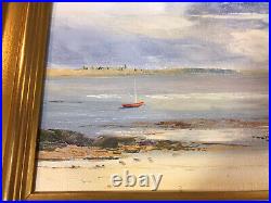 Tableau huile sur toile signé V. Dubois paysage Saint Jacut plage et bateau