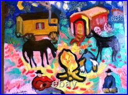 Tableau huile/toile 40x50 Veillée Tzigane DELTRIEU fauve + Cadre Réf ARTMAJEUR