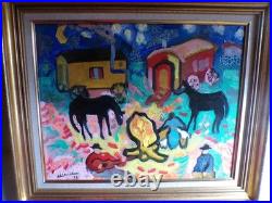 Tableau huile/toile 40x50 Veillée Tzigane DELTRIEU fauve + Cadre Réf ARTMAJEUR