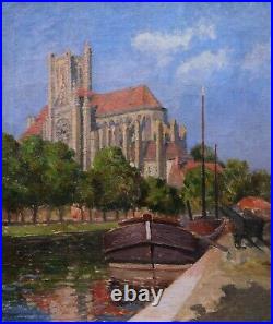 Tableau impressionniste paysage Yonne vue Cathédrale d'Auxerre rivière péniches
