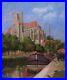Tableau impressionniste paysage Yonne vue Cathédrale d’Auxerre rivière péniches