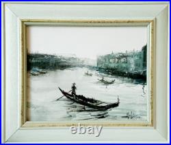 Tableau original Gouache sur toile signé, Venise Pagodes cadre bois
