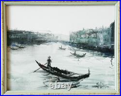 Tableau original Gouache sur toile signé, Venise Pagodes cadre bois