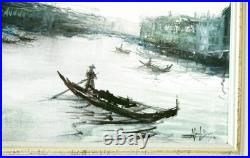 Tableau original Gouache sur toile signé, Venise Pagodes cadre bois