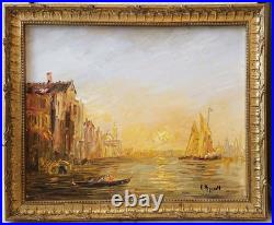Tableau original XXème s. Huile sur toile signé Venise Canal soleil couchant
