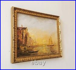 Tableau original XXème s. Huile sur toile signé Venise Canal soleil couchant