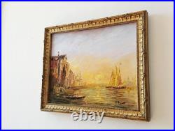 Tableau original XXème s. Huile sur toile signé Venise Canal soleil couchant