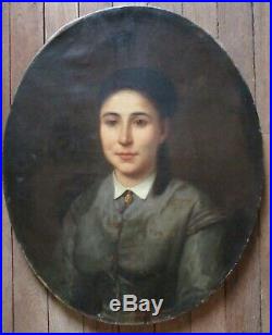Tableau ovale Peinture huile PORTRAIT Jeune Femme XVIIIe XIXe beau châssis