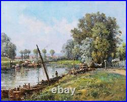 Tableau paysage bord rivière péniches Seine Marne impressionniste huile toile