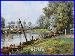 Tableau paysage bord rivière péniches Seine Marne impressionniste huile toile