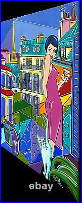 Tableau peinture Kris Milvy Art Déco Balcon à Paris Tour Eiffel 54 x 73 cm