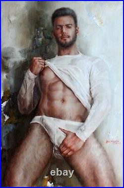 Tableau peinture érotique huile sur toile homme nu intégrale / gay male painting