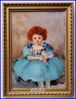 Tableau peinture originale Huile sur toile portrait d'enfant à la robe bleu