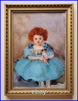 Tableau peinture originale Huile sur toile portrait d'enfant à la robe bleu