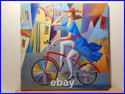 Tableau peinture peintre russe Mikolaj MATUSIEWICZ jeune femme bicyclette vélo