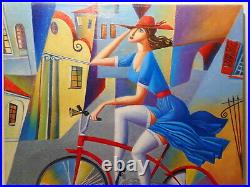 Tableau peinture peintre russe Mikolaj MATUSIEWICZ jeune femme bicyclette vélo