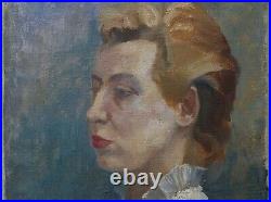 Tableau peinture portrait de femme au chemisier blanc huile sur toile, vintage