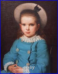 Tableau portrait HENNEBICQ jeune fille bleu chapeau peinture 19e belge Tournai