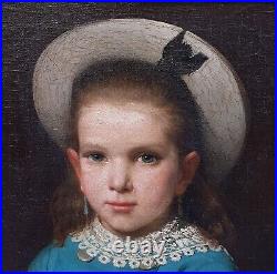 Tableau portrait HENNEBICQ jeune fille bleu chapeau peinture 19e belge Tournai