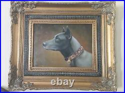 Tableau portrait de chien huile sur toile cadre baroque signé