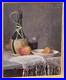 Tableau signé Nature morte au Fruits et à la Bouteille. Peinture huile sur toile