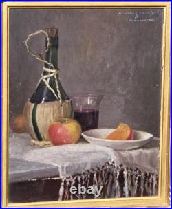 Tableau signé Nature morte au Fruits et à la Bouteille. Peinture huile sur toile