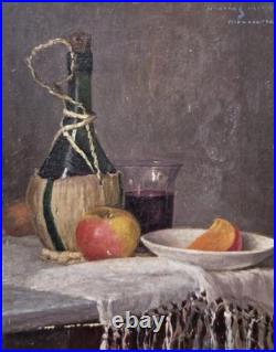 Tableau signé Nature morte au Fruits et à la Bouteille. Peinture huile sur toile