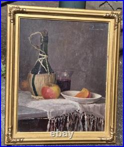 Tableau signé Nature morte au Fruits et à la Bouteille. Peinture huile sur toile