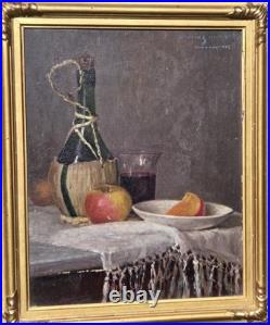 Tableau signé Nature morte au Fruits et à la Bouteille. Peinture huile sur toile