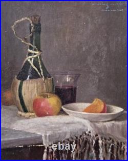 Tableau signé Nature morte au Fruits et à la Bouteille. Peinture huile sur toile