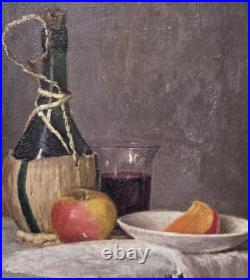 Tableau signé Nature morte au Fruits et à la Bouteille. Peinture huile sur toile
