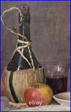 Tableau signé Nature morte au Fruits et à la Bouteille. Peinture huile sur toile