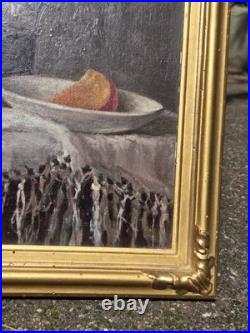 Tableau signé Nature morte au Fruits et à la Bouteille. Peinture huile sur toile