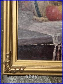 Tableau signé Nature morte au Fruits et à la Bouteille. Peinture huile sur toile