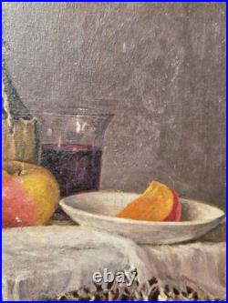 Tableau signé Nature morte au Fruits et à la Bouteille. Peinture huile sur toile
