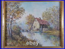 Tableau signé SCHILLINGER peinture à l'huile sur toile paysage de moulin