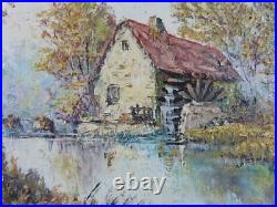 Tableau signé SCHILLINGER peinture à l'huile sur toile paysage de moulin