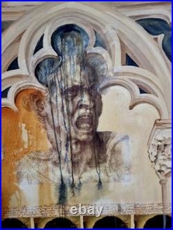 Tableau signée Monné technique mixte gothique / Christ symbolisme 33