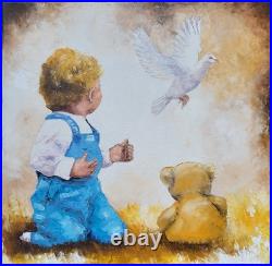 Toile originale de NOLAC 50X50 L ENFANT ET LA COLOMBE huile au couteau