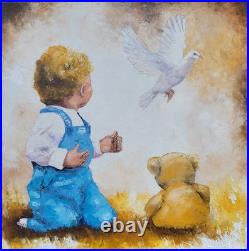 Toile originale de NOLAC 50X50 L ENFANT ET LA COLOMBE huile au couteau