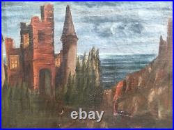 Très Belle Peinture Château Huile Sur Toile XVIIIe Paysage Mer Médiéval Ancien